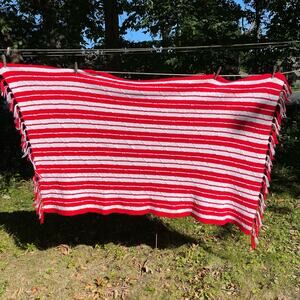 Vintage Handmade Crochet Knitted Handknit Afghan Throw Blanket Red White Retro